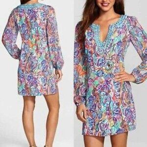 Lilly Pulitzer 100% Silk Mixed Color Long Sleeves Beaded Neckline Dress - size 8